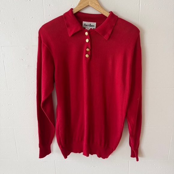 Sweaters - Vintage 90s | Red Cotton Collared Sweater | Gold Button Classic | Size Medium